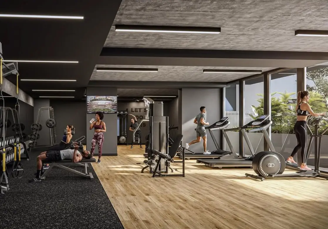 Covered outdoor fitness area at Urbania NoMi 125, apartments in North Miami
